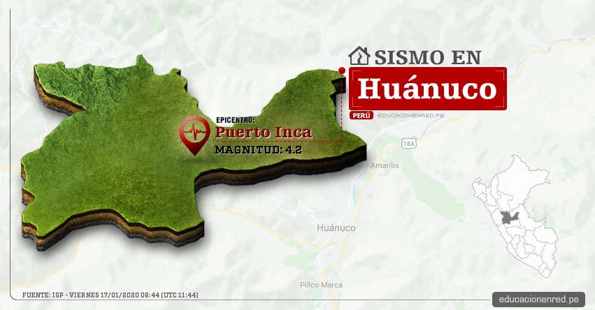 Temblor en Huánuco de Magnitud 4.2 (Hoy Viernes 17 Enero 2020) Sismo - Epicentro - Puerto Inca - IGP - www.igp.gob.pe