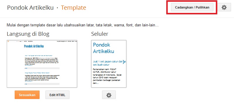 Upload template dengan menggunakan tombol cadangkan dan pulihkan