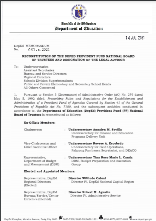 DM 041 S 2021|RECONSTITUTION OF THE DEPED PROVIDENT FUND NATIONAL BOARD OF TRUSTEES AND DESIGNATION OF THE LEGAL ADVISOR