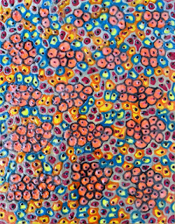 A colorful painting showing a number of cells, by Megan Wassom.