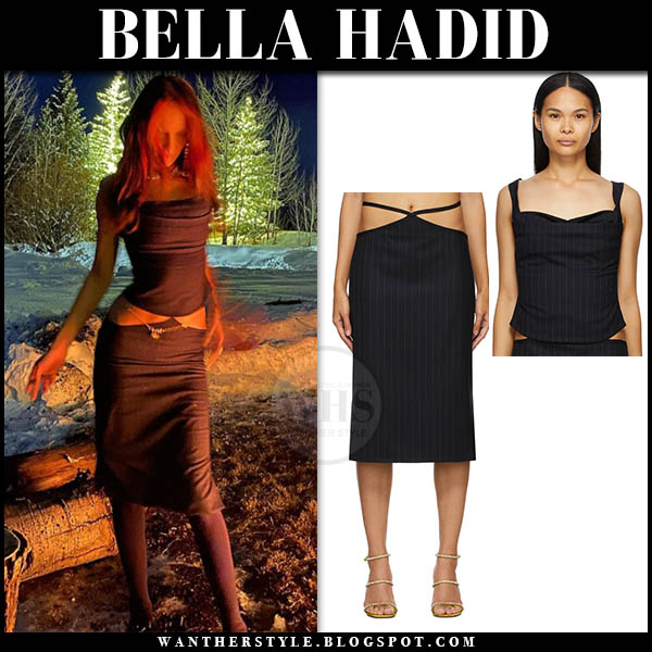 Bella Hadid in black corset top and cutout skirt