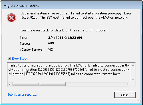 Migrate virtual machine error - a general system error has occured. Failed to start migration pre-copy