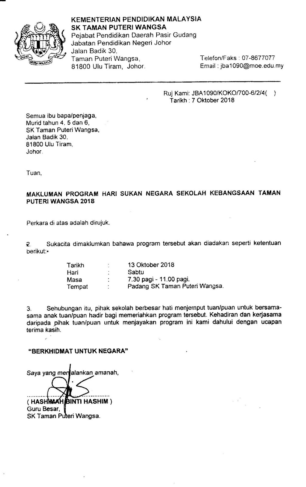 Contoh Surat Makluman Pbs Kepada Ibu Bapa