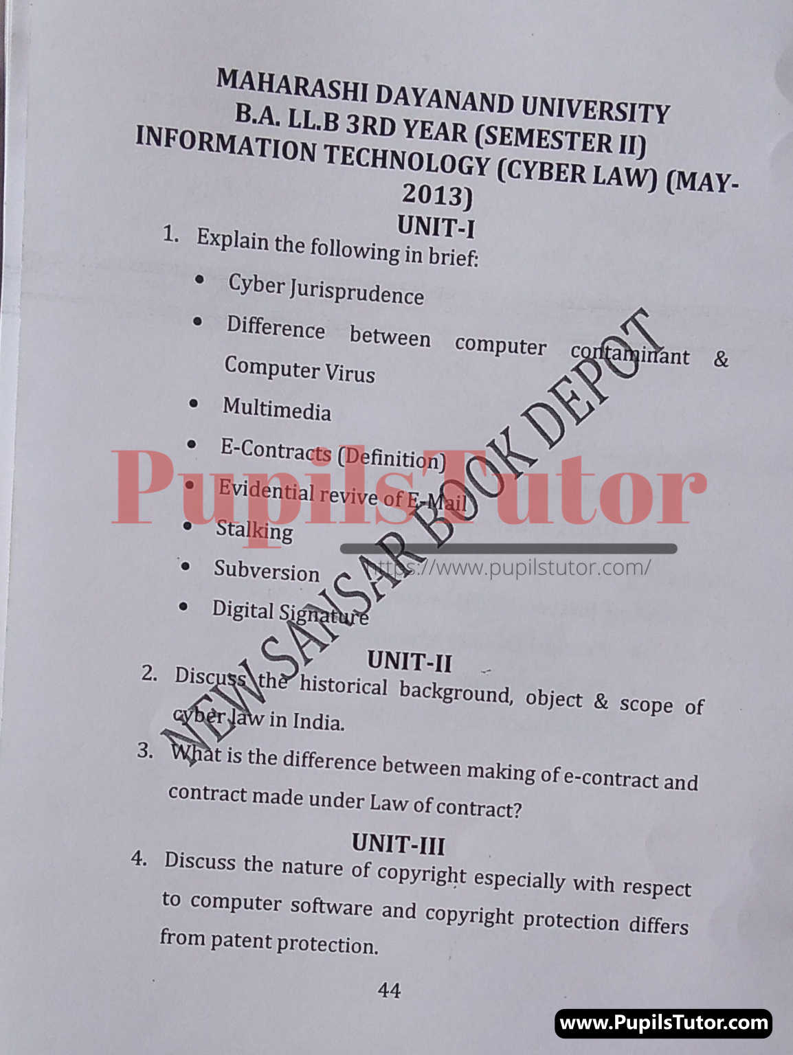 MDU (Maharshi Dayanand University, Rohtak Haryana) LLB Regular Exam (Hons.) Second Semester Previous Year Information Technology (Cyber Law) Question Paper For May, 2013 Exam (Question Paper Page 1) - pupilstutor.com