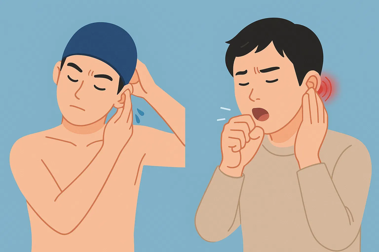 귀에서 물 빼는 사람, 기침하는 사람, 귀 통증