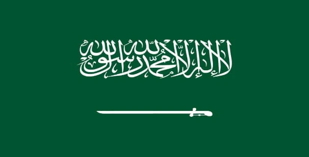 العلم الوطني للدولة السعودية من مستطيلاً باللون الأخضر، تتوسطه شهادة التوحيد الإسلامية وتحتها سيف عربي