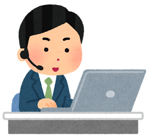 インカムをつけてパソコンを使う人のイラスト（男性会社員）