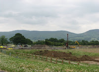 General view of the mobilised work at Glasdir including pile driver