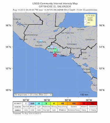 Epicentro sismo 5,6 grados en El Salvador, 15 de Agosto 2012