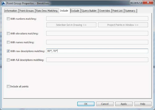 The Include tab of the Breaklines point group properties