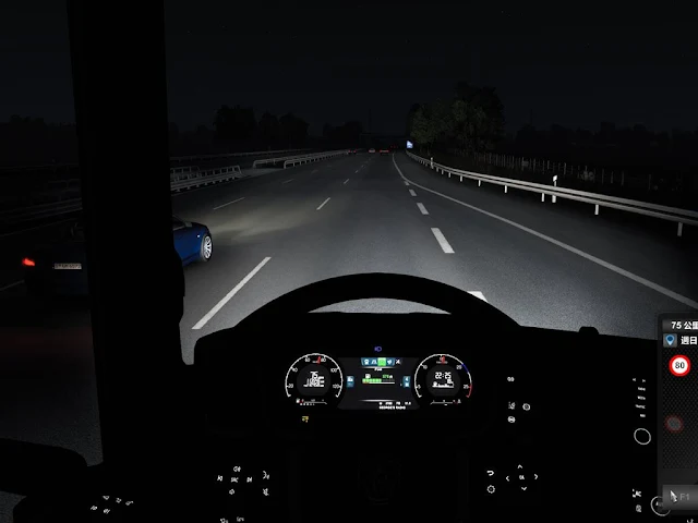 ETS2 高燈的照明效果，照射範圍較遠