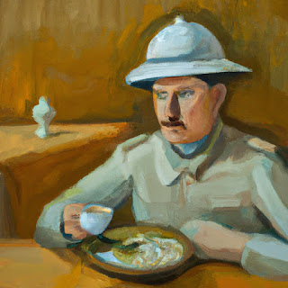 Explorer in Pith Helmet Enjoying Lentil Soup