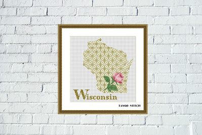 Wisconsin USA state rose flower map cross stitch pattern
