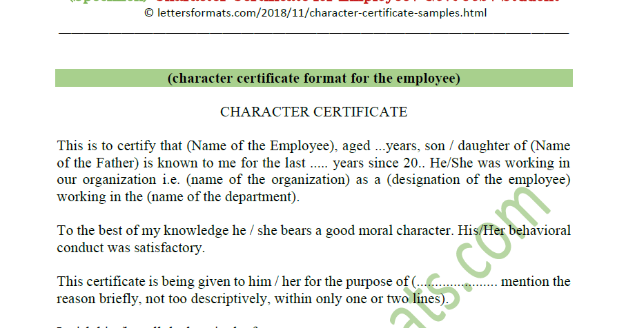 Character Certificate For Employee Govt Job Student Sample