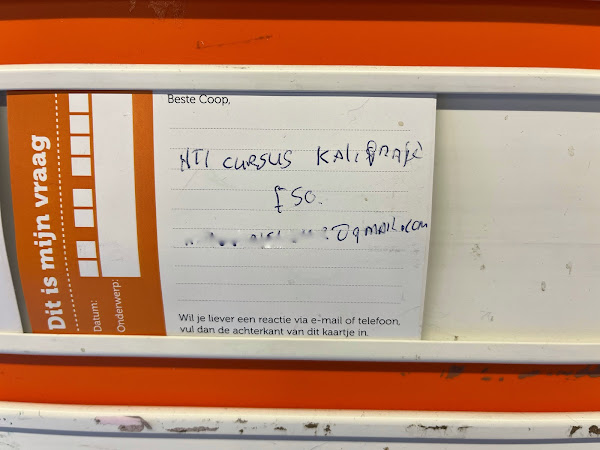 'Te koop: NTI cursus kaligrafie', Coop, Atnhem