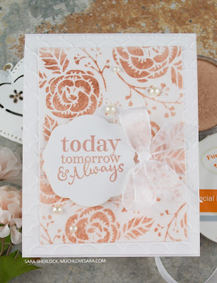 This pretty wedding card, in white and rose gold, was created using Fun Stampers Journey Happy Wedding Day stamp set, and the Flower Power stencil.  