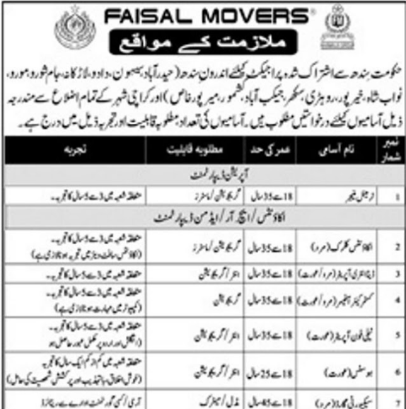 Faisal Movers Jobs for Male and Female 2020