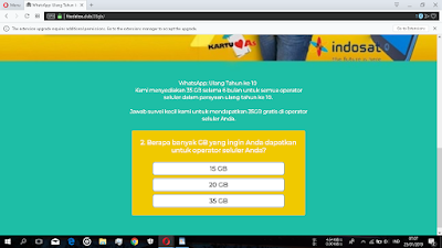 Pertanyaan tersebut yaitu "Berapa banyak GB yang ingin Anda dapatkan untuk operator seluler Anda?" dan jawabannya da 3 antara lain 15 GB, 20 GB, dan 35 GB.