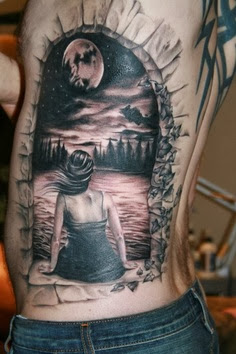 3D fantasy world tattoo on side body 