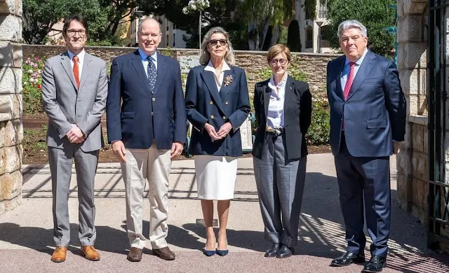 Princess Caroline wore an Alcanara navy blue double-breasted wool-twill everynight blazer by Blaze Milano. Prince Albert