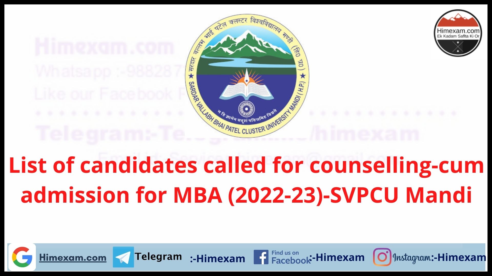 List of candidates called for counselling-cum admission for MBA (2022-23)-SVPCU Mandi