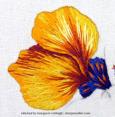 Detail of the first two thread painted nasturtium petals. (Catherine Laurencon Capucines (Inspirations))