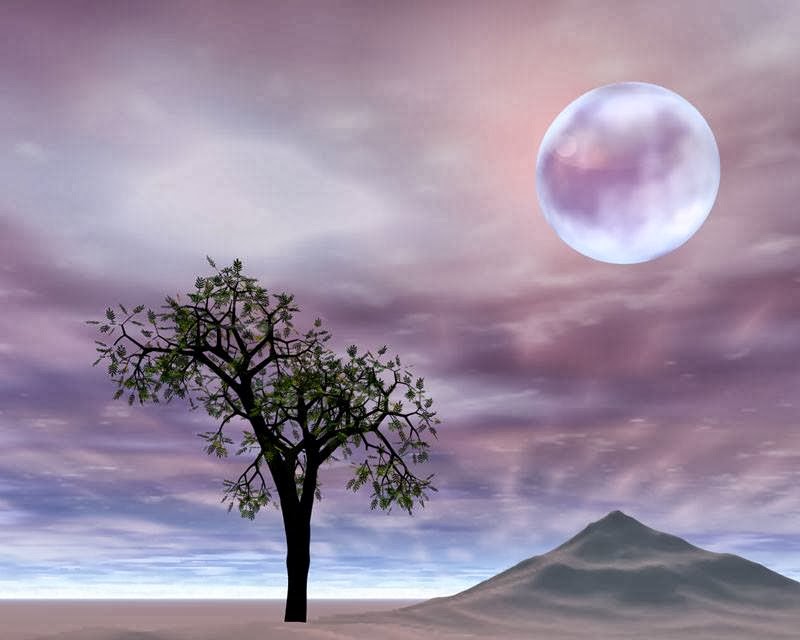Paysage rose zen zen zen avec lune, arbre et montagne