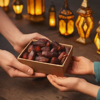 Close-up of a volunteer's hand placing a box of dates into a child's outstretched arms. The child's face beams with happiness, reflecting the warm spirit of Ramadan.