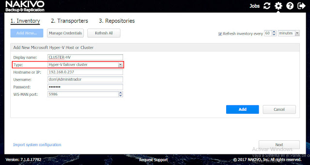 NAKIVO Backup & Replication v7.1: Add New Microsoft Hyper-V Cluster.
