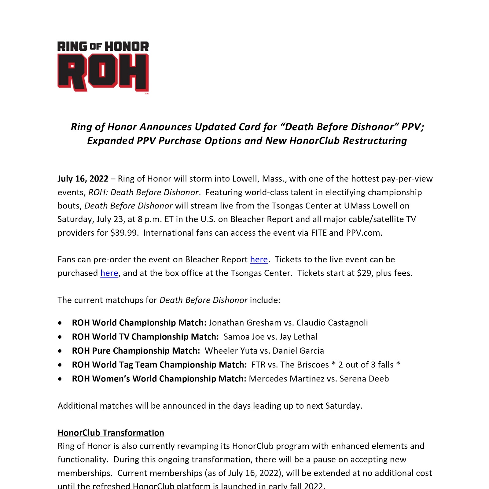 ROH Press Release, Death Before Dishonor News