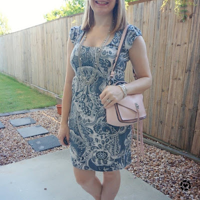 awayfromtheblue Instagram | french connection blue paisley print sheath dress with pastel pink peony rebecca minkoff small Darren bag