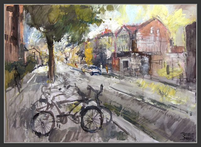 EAST FINCHLEY-LONDON-PAINTINGS-ART-HIGH ROAD-LONDRES-PINTURA-CALLE-BICICLETAS-PAISAJES-ARTISTA PINTOR-ERNEST DESCALS-