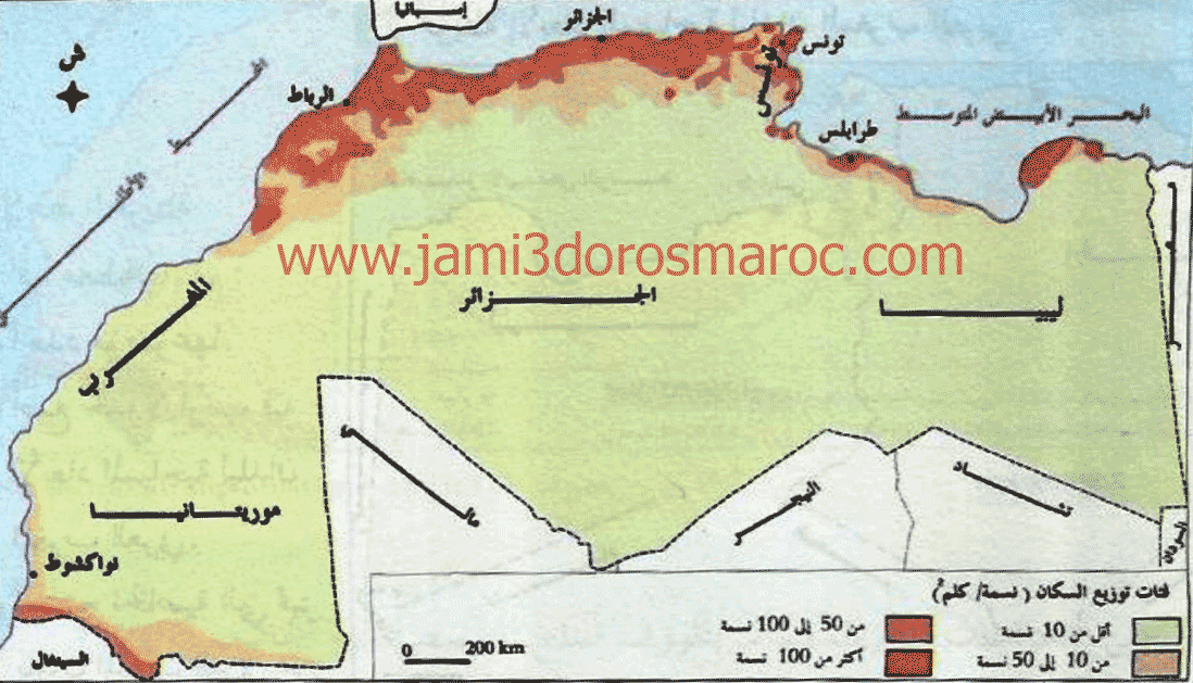 خريطة توزيع السكان في المغرب العربي