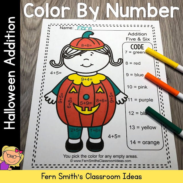 Halloween Color By Number Cute Students in Halloween Costumes for Some October Halloween Fun For Your Addition Math Lessons - For Kindergarten, First Grade and Second Grade - TeacherspayTeachers - #FernSmithsClassroomIdeas