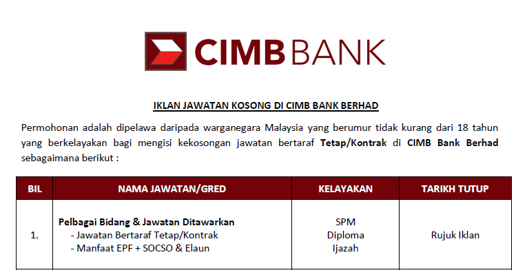 Permohonan Jawatan Kosong CIMB Bank 2020 - Manfaat EPF 