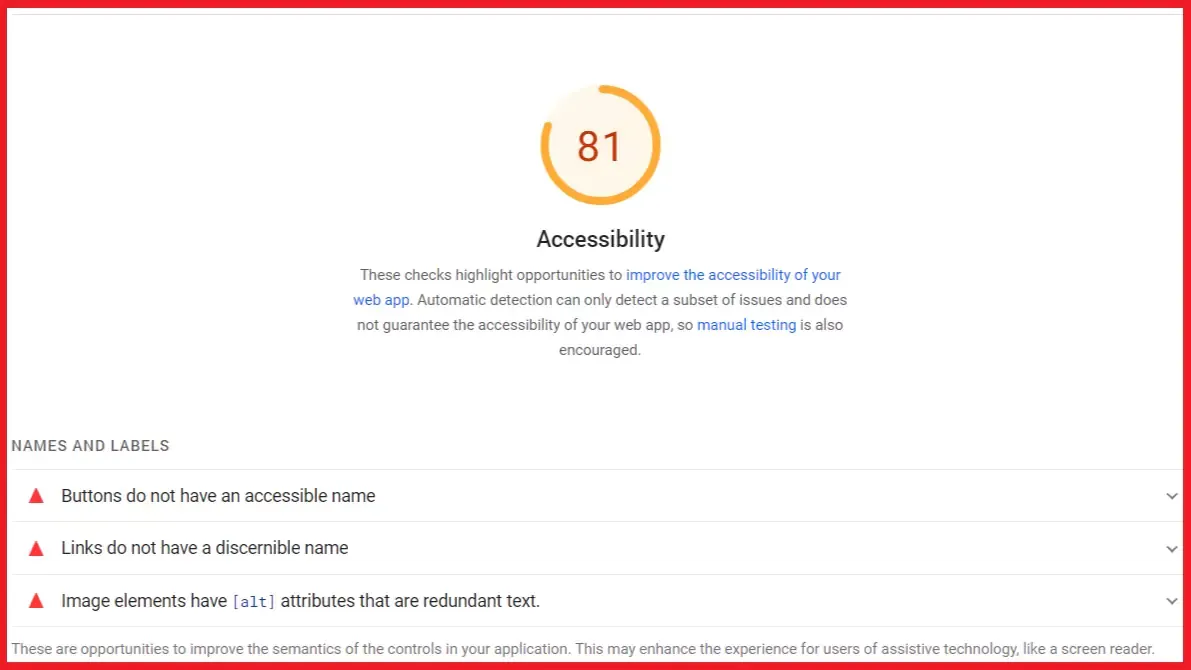 a screenshot of accessibility score of a webpage