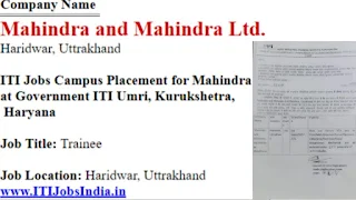 Mahindra ITI Jobs Campus Placement: ITI Campus Placement Drive at Government ITI Umri, Kurukshetra, Haryana