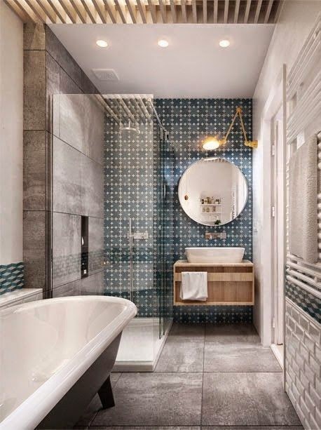 blue gray tile stand alone tub master bathroom