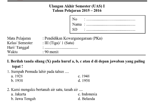 Soal Uas Kelas 3 Semester 1 Semua Mata Pelajaran