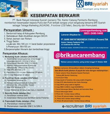 Lowongan Kerja Marketing Frontliner Security Dan Pramubakti PT Bnk Rakyat Indonesia Syariah Kantor Cabang Pembantu Rembang