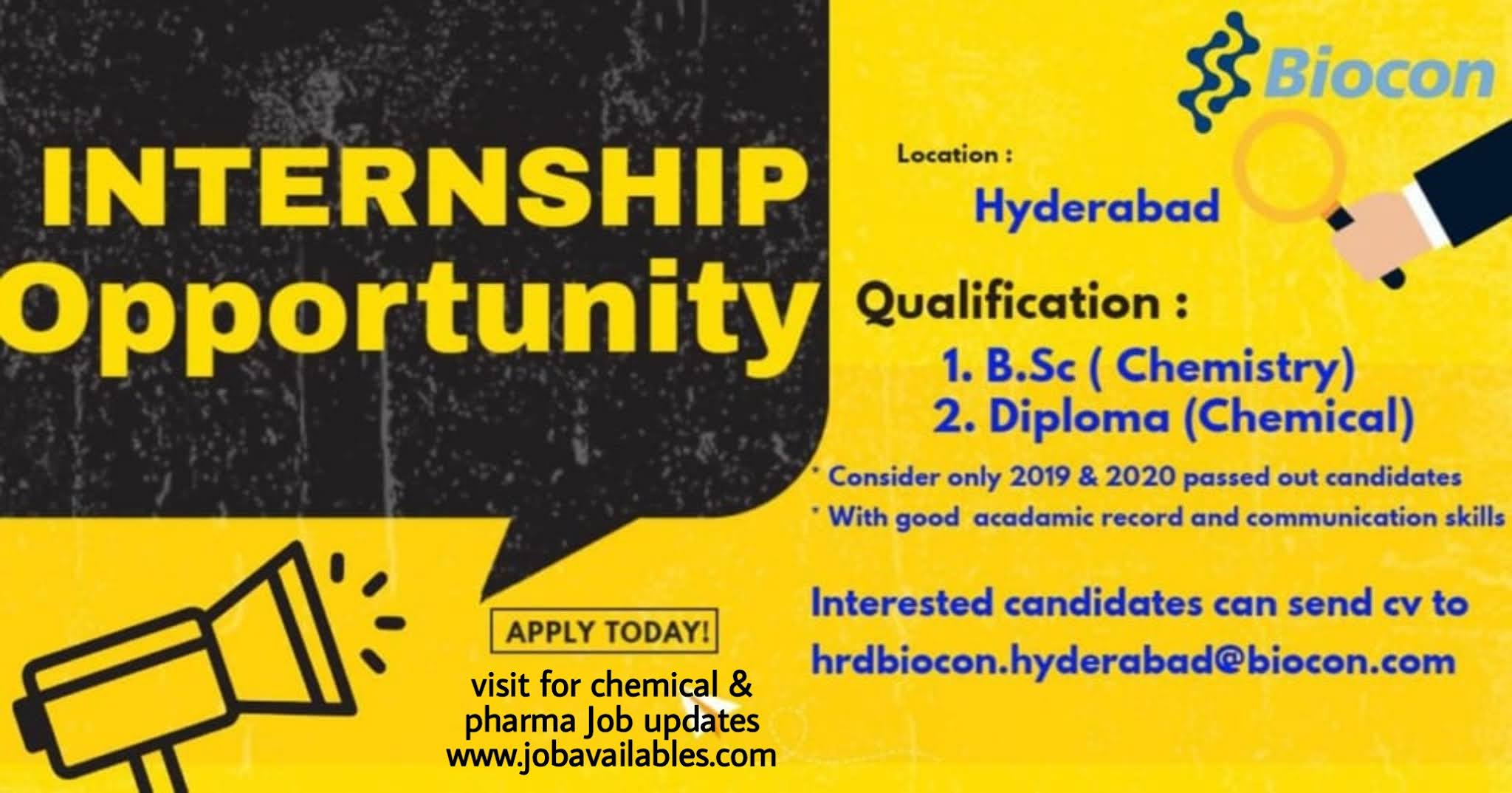 Job Availables, Biocon Internship Opportunity For Diploma Chemical/ BSc Chemistry 2019/ 2020 Passout