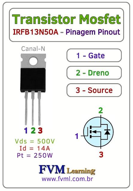 Datasheet-Pinagem-Pinout-Transistor-Mosfet-Canal-N-IRFB13N50A-Características-Substituição-fvml