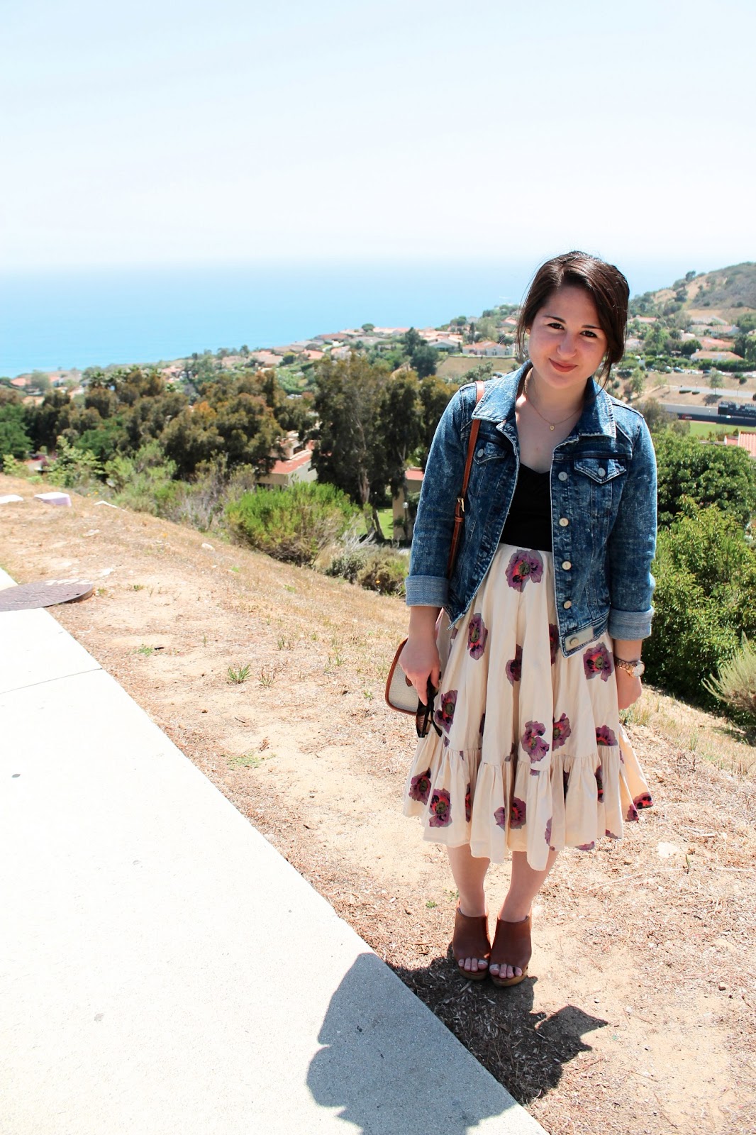 Casual Spring Outfit: Acid Wash Denim Jacket + Floral Dress