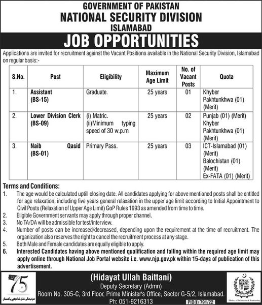 Government Of Pakistan National Security Division Jobs 2022