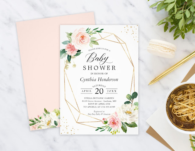  Gold Confetti Geometric Blush Floral Baby Shower Invitation