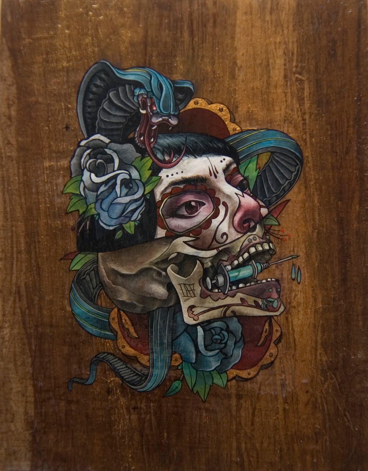 Acrylic Ink on wood, Sugar Skull. March, 2010