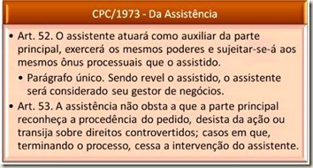 Art. 52. O assistente atuará como auxiliar da parte principal, exercerá os mesmos poderes e sujeitar-se-á aos mesmos ônus processuais que o assistido.