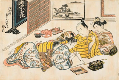 Reunião de Ano Novo em um bordel por Masanobu Okumura, ca. 1739; New Years gathering within a brothel by Masanobu Okumura, ca. 1739; Danshoku; Nanshoku