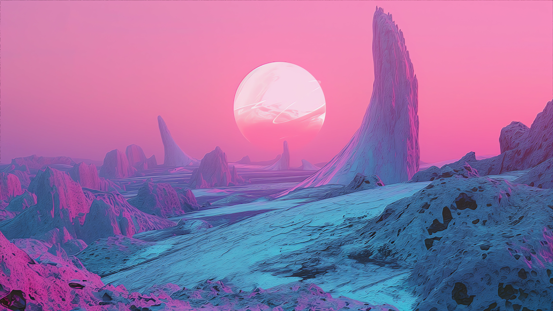 A fantastical alien landscape with striking rock formations and a large pink
planet rising in the candy-colored sky.
