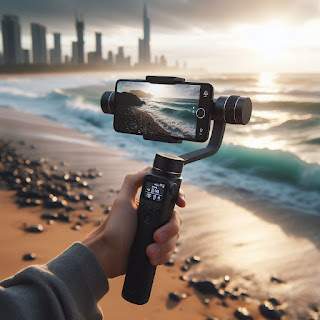 Feiyu Scorp 2 gimbal stabilizer dengan smartphone di tangan